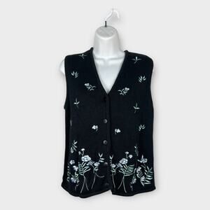 Vintage Mountain Lake Black Sweater vest blue embroidered flowers medium cottage